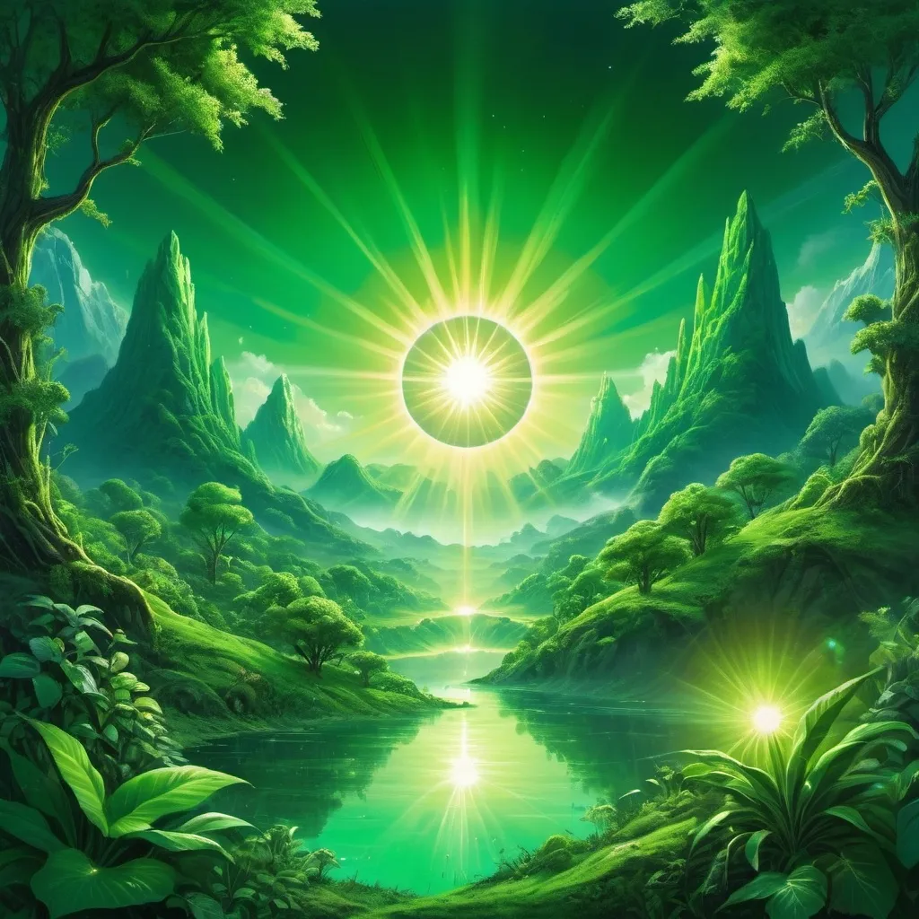 Prompt: a sun that is green and emits green light to nature 