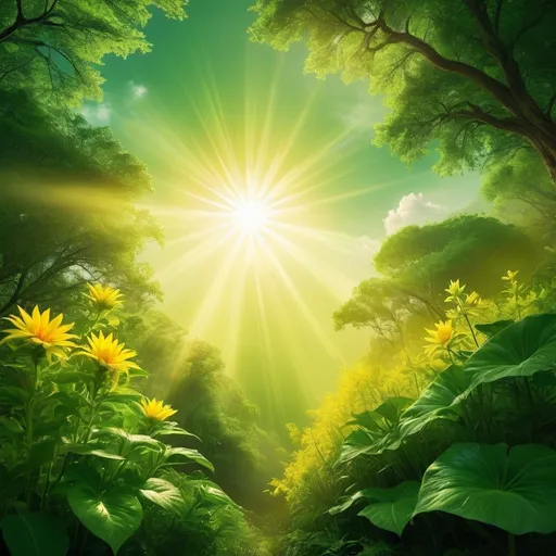 Prompt: a sun that is yellow and emits yellow light to nature but the sky is green 