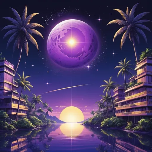 Prompt: purple sun in a bright navy blue sky with lush tropical island in a golden futuristic glassy city that blend nature with budlings and tec and beautiful stars  