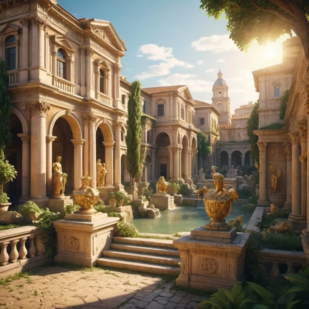 Prompt: a golden roman city that has vegetation and beautiful fountains and beautiful statues.   