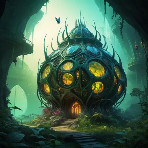 Prompt: (civilization of insectoids), intricately designed structures resembling hives, bustling with activity, nature integrated into architecture, vibrant colors highlighting diversity, glowing bioluminescent features, dramatic shadows, immersive ambiance showcasing harmony with the environment, rich textures in insectoid appearances, magical mist enveloping the scene, (ultra-detailed), enchanting fantasy setting and it have humans living in it.
 