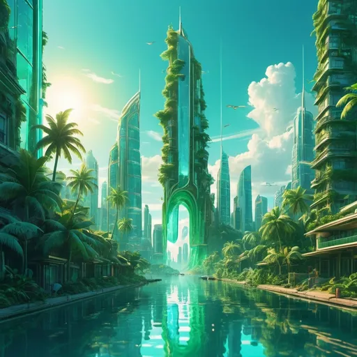 Prompt: green sun in a bright cyan sky with lush tropical island in a golden futuristic glassy city that blend nature with budlings and tec and make it y2k aesthetic