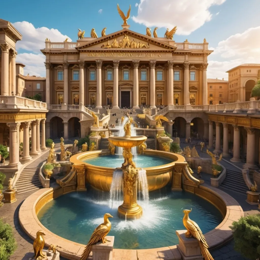 Prompt: a golden roman city that has vegetation and beautiful fountains and beautiful statues of phoenix and other mythical creatures  