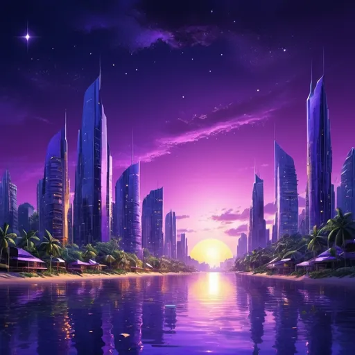 Prompt: purple sun in a bright navy blue sky with lush tropical island in a golden futuristic glassy city that blend nature with budlings and tec and beautiful stars  