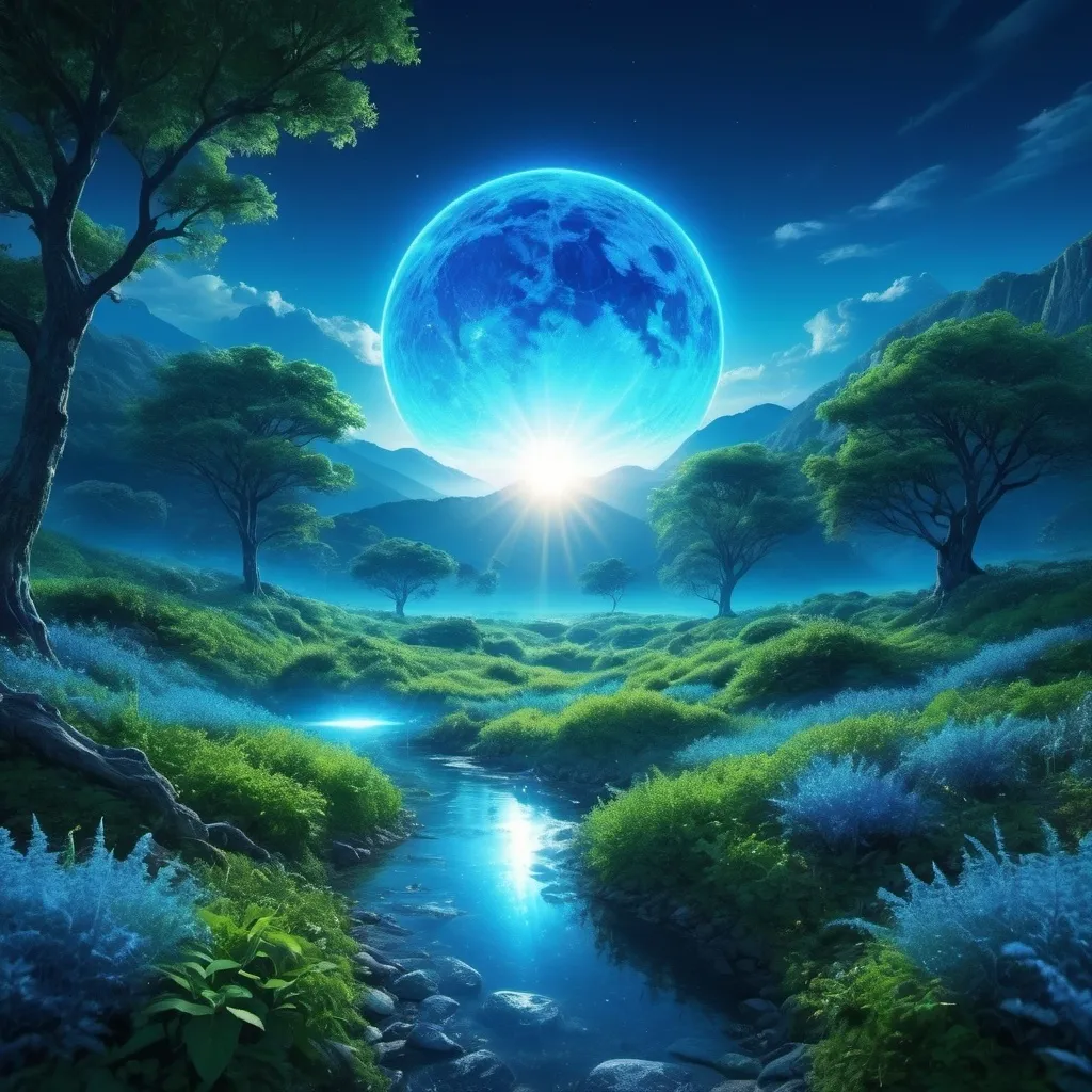 Prompt: a sun that is blue and emits blue light to nature 