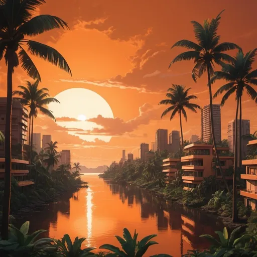 Prompt: orange sun in a bright burnt sienna sky with lush tropical island in a golden futuristic glassy city that blend nature with budlings and tec and make it y2k aesthetic