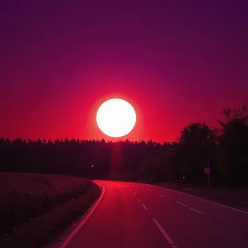 Prompt: a sun that is red and emits red light to nature but the sky is purple 