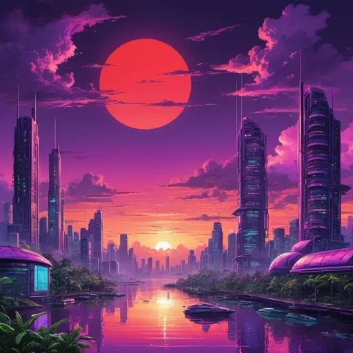 Prompt: red sun in a bright purple sky with lush tropical island in a golden futuristic glassy city that blend nature with budlings and tec and make it y2k aesthetic