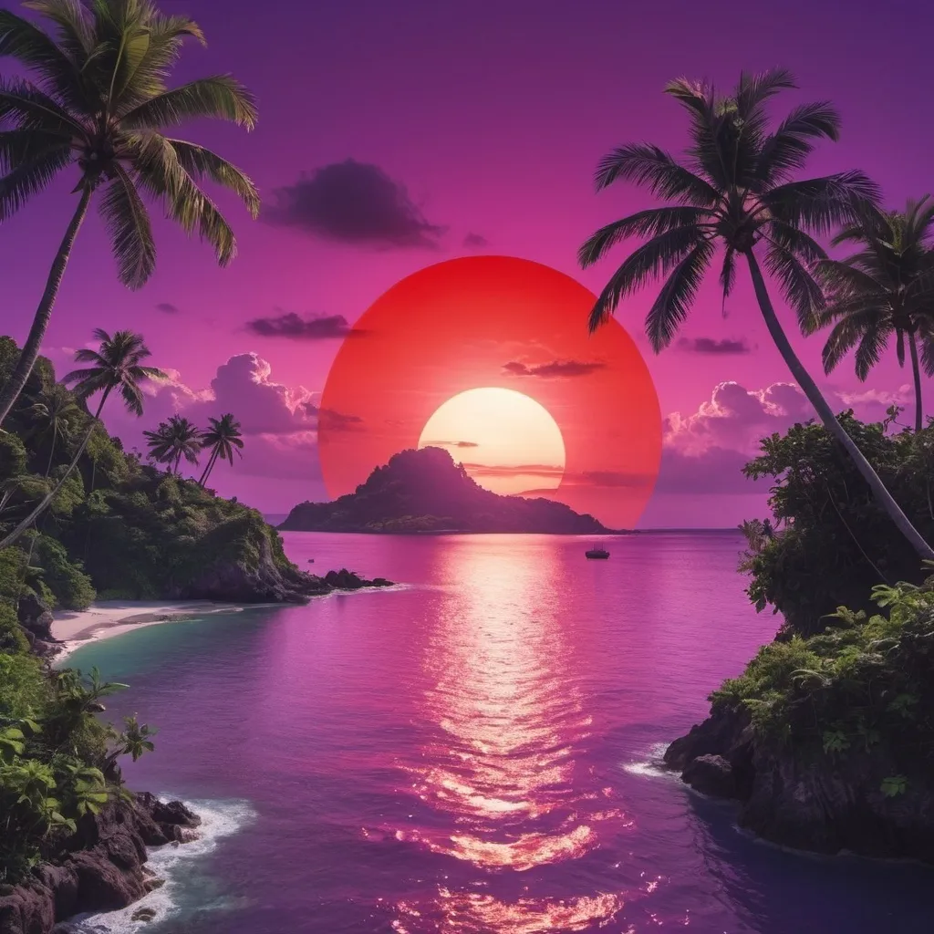 Prompt: red sun in a bright purple sky with lush tropical island 