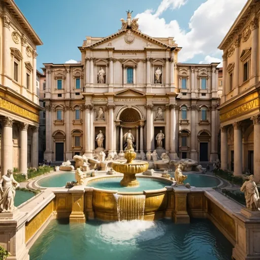 Prompt: a golden roman city that has vegetation and beautiful fountains and beautiful statues.   