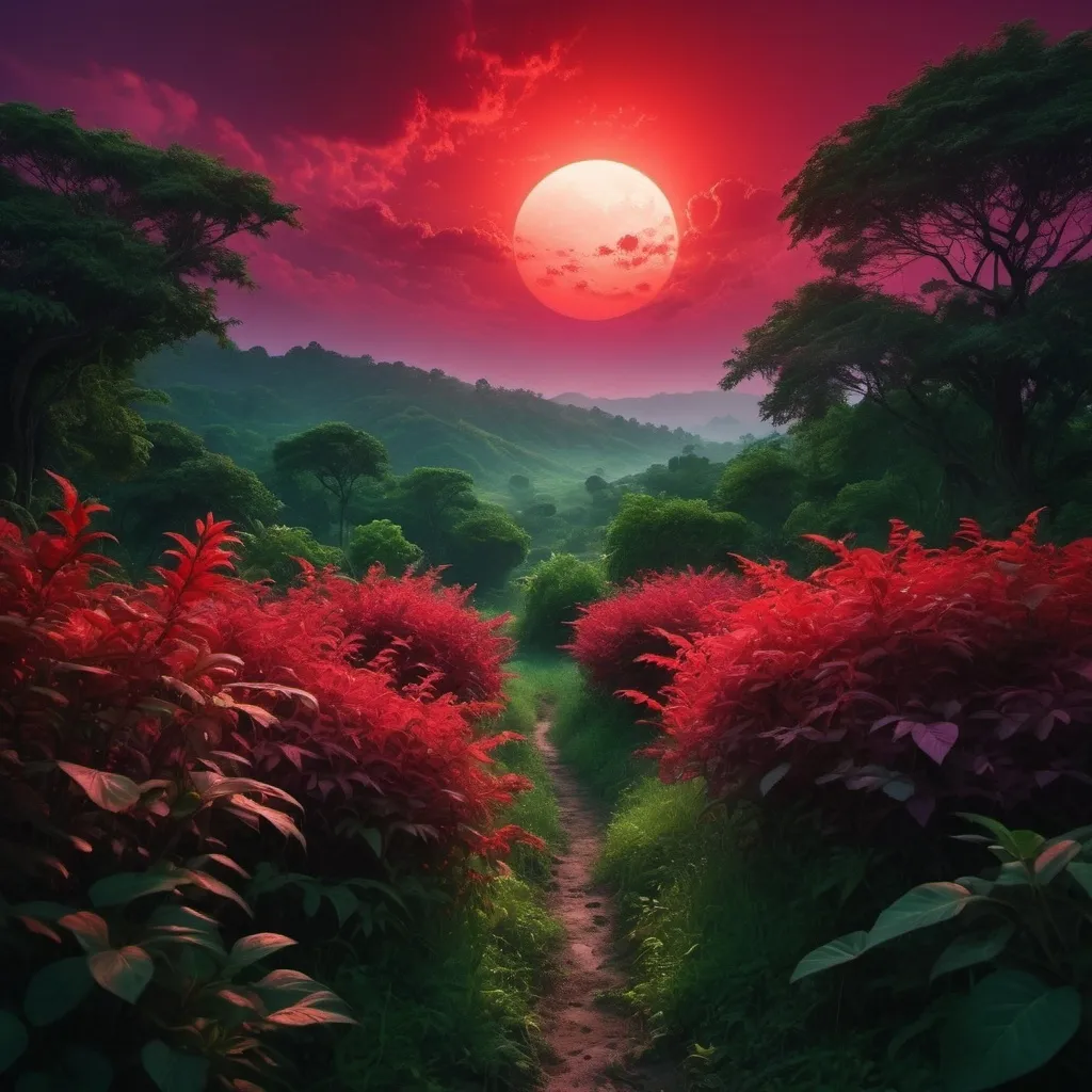 Prompt: a sun that is red and emits red light to nature but the sky is purple 