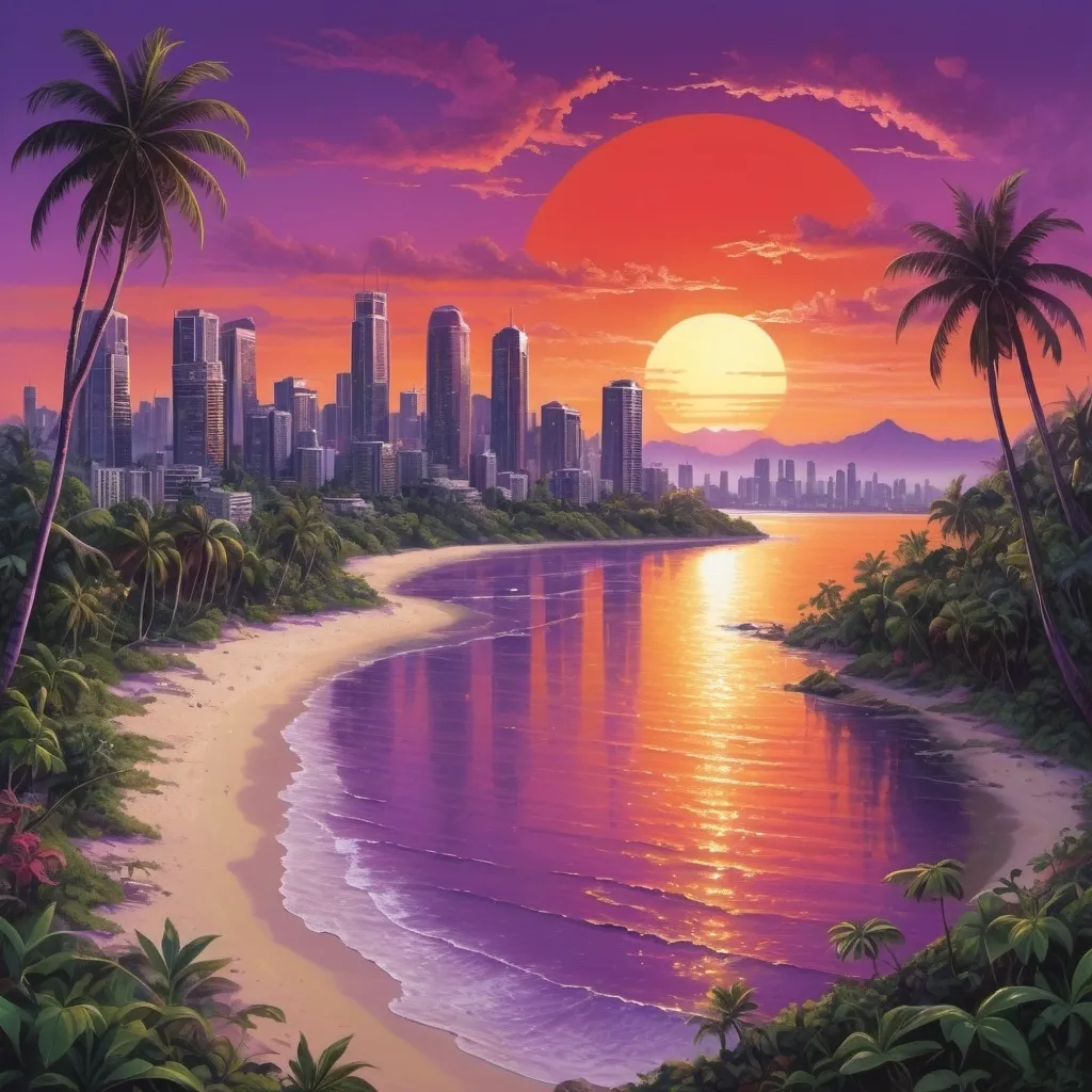 Prompt: red sun in a bright purple sky with lush tropical island in a golden city 