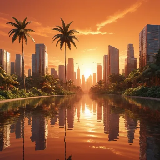 Prompt: orange sun in a bright burnt sienna sky with lush tropical island in a golden futuristic glassy city that blend nature with budlings and tec and make it y2k aesthetic