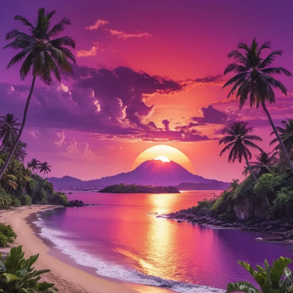 Prompt: red sun in a bright purple sky with lush tropical island in a golden city 