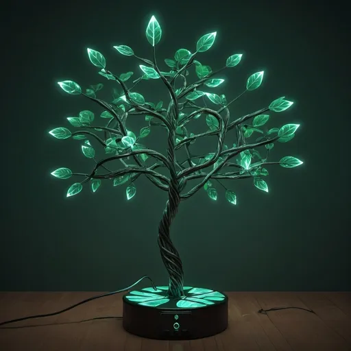 Prompt: an electro tree with glowing leaves 
