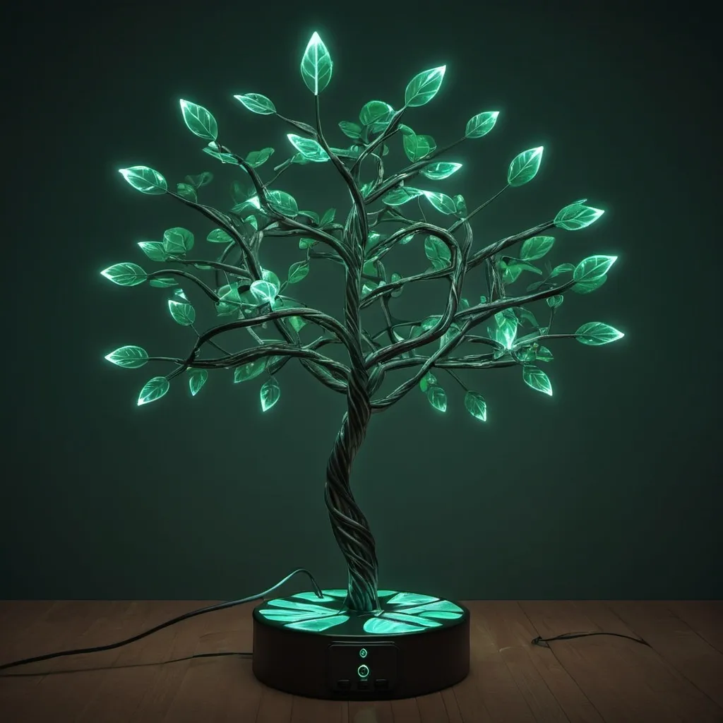 Prompt: an electro tree with glowing leaves 
