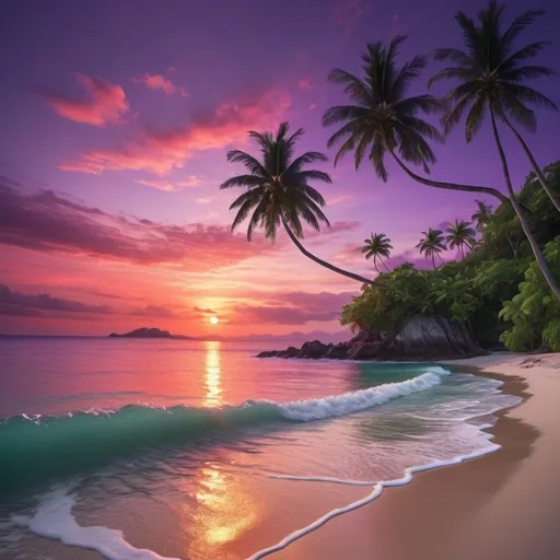 Prompt: red sun in a bright purple sky with lush tropical island 