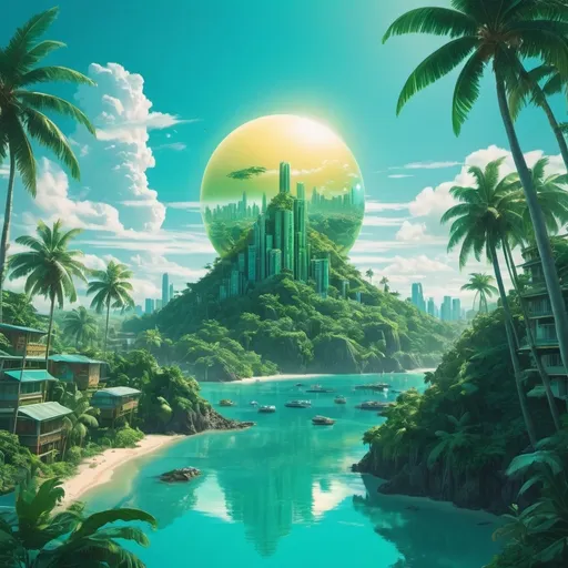 Prompt: green sun in a bright cyan sky with lush tropical island in a golden futuristic glassy city that blend nature with budlings and tec and make it y2k aesthetic