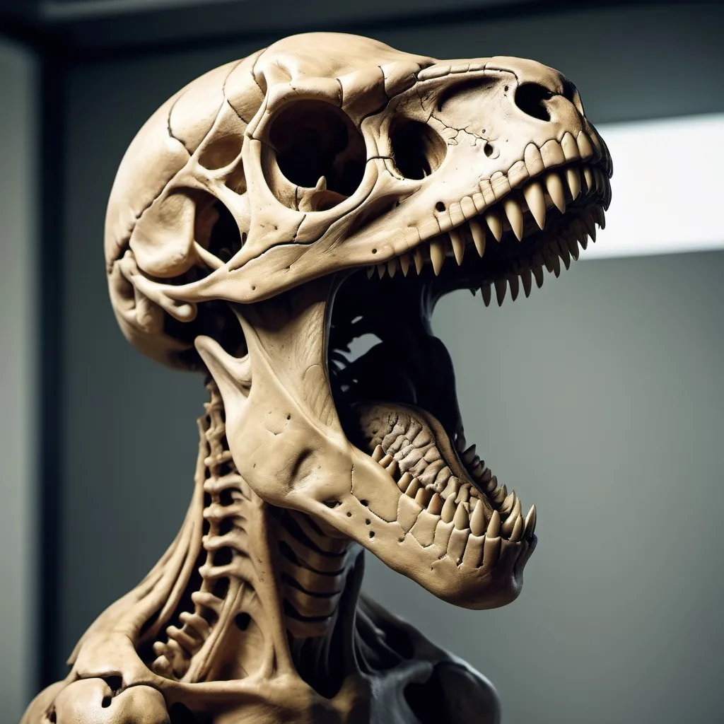 Prompt: A human that have a skull shaped like a t-rex