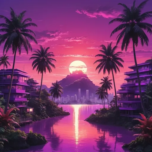 Prompt: red sun in a bright purple sky with lush tropical island in a golden futuristic glassy city that blend nature with budlings and tec and make it y2k aesthetic