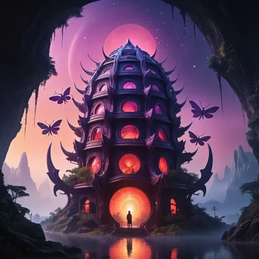 Prompt: (civilization of insectoids), intricately designed structures resembling hives, bustling with activity, nature integrated into architecture, vibrant colors highlighting diversity, glowing bioluminescent features, dramatic shadows, immersive ambiance showcasing harmony with the environment, rich textures in insectoid appearances, magical mist enveloping the scene, (ultra-detailed), enchanting fantasy setting and it have humans living in it with a red sun and purple starry sky.
 