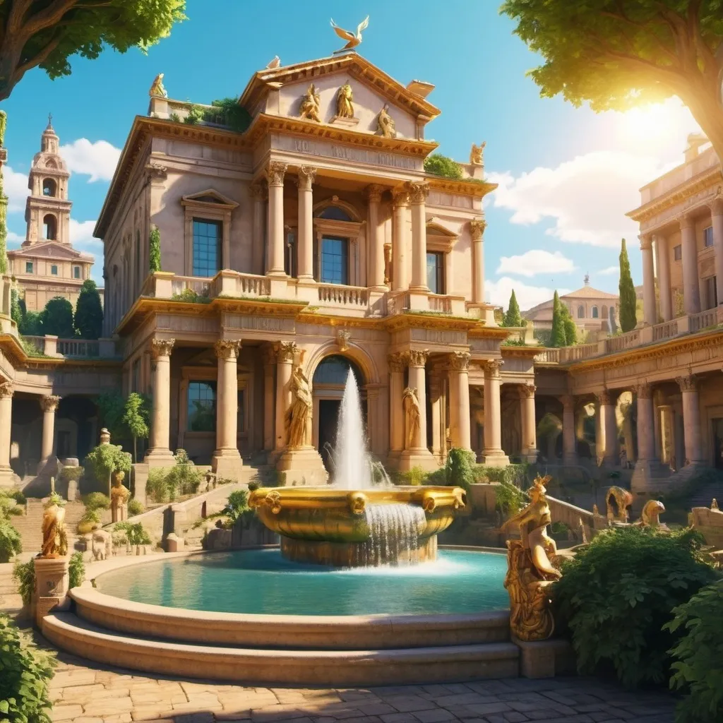 Prompt: a golden roman city that has vegetation and beautiful fountains and beautiful statues of phoenix and other mythical creatures  