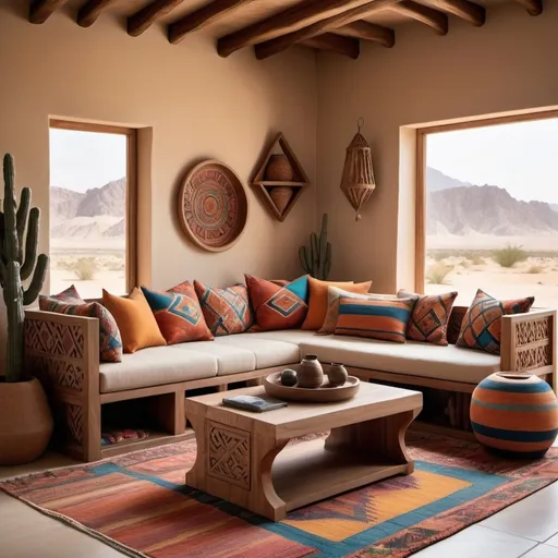 Prompt: Create a modern living space with furniture inspired by the traditional design elements of South Sinai. Incorporate natural materials like wood, stone, and woven textiles with vibrant geometric Bedouin patterns. The centerpiece should be a low wooden coffee table with carved details inspired by South Sinai architecture, paired with comfortable seating upholstered in colorful Bedouin fabric. Include accents like woven rugs, hand-painted pottery, and wooden shelving units featuring geometric cutouts. The overall aesthetic should be earthy, vibrant, and rooted in the rugged, desert landscape of South Sinai, blending traditional craftsmanship with a modern twist