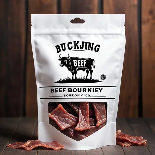 Prompt: custom white beef jerky bag with the company name being bucking beef jerky co on it with the labeled flavor being bourbon bbq and add a little window in the bag to see the jerky