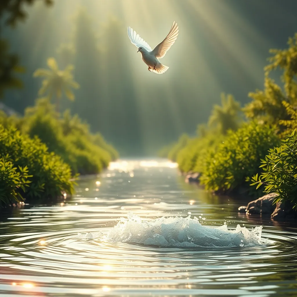 Prompt: (Jesus Christ emerging from the Jordan River), serene and divine expression, (dove symbolizing the Holy Spirit) gracefully hovering above, surrounding natural beauty, lush green banks, soft ripples in the water, radiant light, warm ambiance, ethereal glow, (4K ultra-detailed), captivating scene, spiritual atmosphere, evoking peace and enlightenment.