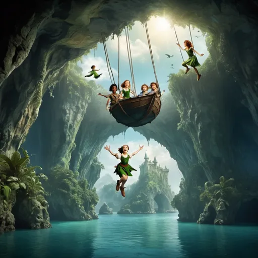 Prompt:  flying peter pan, wendy and two brothers, magical,  jungle island, ungerdgournd cave, somewhere in the middle of the sea