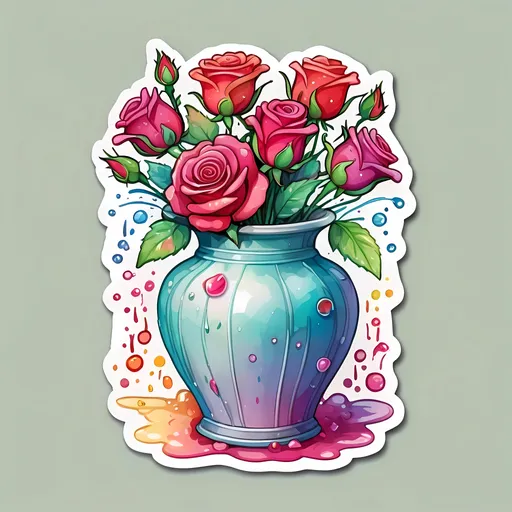 Prompt: STICKER, SOLID background, SHARP FOCUS of A Detailed watercolor of a kawaii vase of red roses, Floral Splash, Rainbow Colors, Redbubble Sticker,Splash In Vibrant Colors, 3D Vector Art, Cute And Quirky, Adobe Illustrator, HandDrawn, Digital Painting, LowPoly, Soft Lighting, Bird'sEye View, Isometric Style, Retro Aesthetic, Focused On The Character, 4K Resolution,