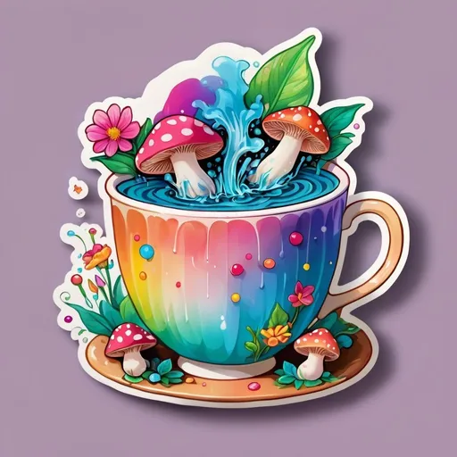 Prompt: STICKER, SOLID background, SHARP FOCUS of A Detailed kawaii of tea cup filled with magic mushrooms, Floral Splash, Rainbow Colors, Redbubble Sticker,Splash In Vibrant Colors, 3D Vector Art, Cute And Quirky, Adobe Illustrator, HandDrawn, Digital Painting, LowPoly, Soft Lighting, Bird'sEye View, Isometric Style, Retro Aesthetic, Focused On The Character, 4K Resolution,