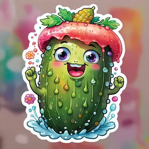 Prompt: STICKER, SOLID background, SHARP FOCUS of A Detailed kawaii watercolor of a funny pickle , Floral Splash, Rainbow Colors, Redbubble Sticker,Splash In Vibrant Colors, 3D Vector Art, Cute And Quirky, Adobe Illustrator, HandDrawn, Digital Painting, LowPoly, Soft Lighting, Bird'sEye View, Isometric Style, Retro Aesthetic, Focused On The Character, 4K Resolution,