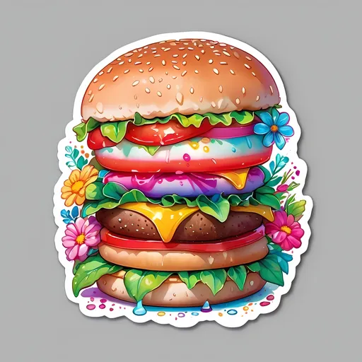 Prompt: STICKER, SOLID background, SHARP FOCUS of A Detailed kawaii watercolor of a Cute JUICY BURGER stuffed with lush flowers, Floral Splash, Rainbow Colors, Redbubble Sticker,Splash In Vibrant Colors, 3D Vector Art, Cute And Quirky, Adobe Illustrator, HandDrawn, Digital Painting, LowPoly, Soft Lighting, Bird'sEye View, Isometric Style, Retro Aesthetic, Focused On The Character, 4K Resolution,