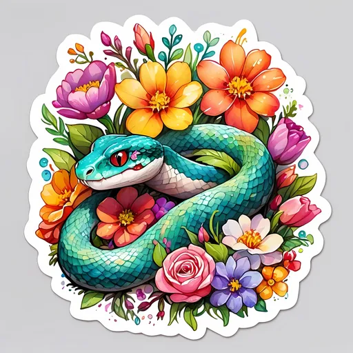 Prompt: STICKER, SOLID background, SHARP FOCUS of A Detailed watercolor of a cute snake intertwined with gorgeous spakling flowers, Floral Splash, Rainbow Colors, Redbubble Sticker,Splash In Vibrant Colors, 3D Vector Art, Cute And Quirky, Adobe Illustrator, HandDrawn, Digital Painting, LowPoly, Soft Lighting, Bird'sEye View, Isometric Style, Retro Aesthetic, Focused On The Character, 4K Resolution,