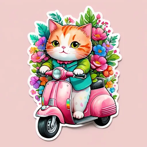 Prompt: STICKER, SOLID background, SHARP FOCUS of A Detailed watercolor cute fat cat driving a cute vintage pink scooter,Floral Splash, Rainbow Colors, Redbubble Sticker,Splash In Vibrant Colors, 3D Vector Art, Cute And Quirky, Adobe Illustrator, HandDrawn, Digital Painting, LowPoly, Soft Lighting, Bird'sEye View, Isometric Style, Retro Aesthetic, Focused On The Character, 4K Resolution,
