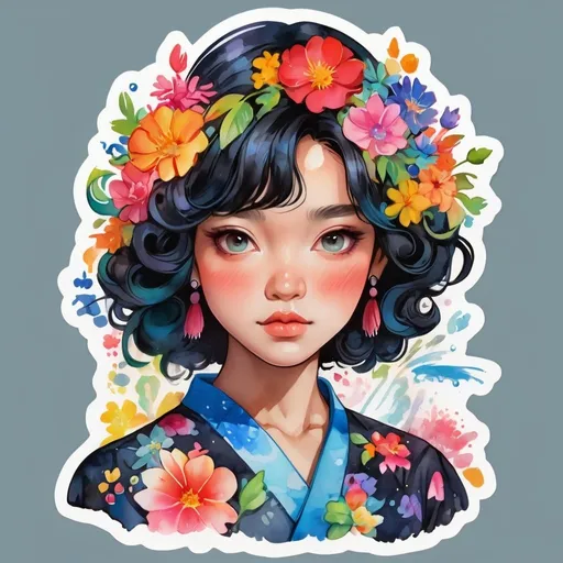 Prompt: STICKER, SOLID background, SHARP FOCUS of A Detailed watercolor of a black japanese female pop artist in a blue bohemian dress , Floral Splash, Rainbow Colors, Redbubble Sticker,Splash In Vibrant Colors, 3D Vector Art, Cute And Quirky, Adobe Illustrator, HandDrawn, Digital Painting, LowPoly, Soft Lighting, Bird'sEye View, Isometric Style, Retro Aesthetic, Focused On The Character, 4K Resolution,