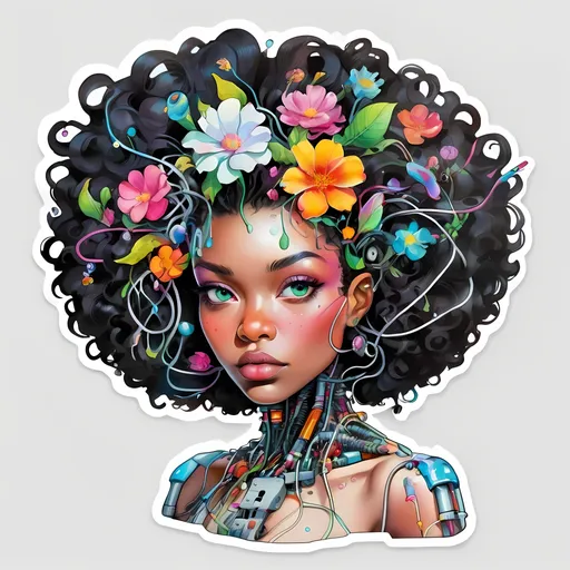 Prompt: STICKER, sticker design, SOLID background, SHARP FOCUS of A SOLID BACKground, WHITE BCKGROUND, Detailed watercolor  body black skinned afro portrait, in a laboratory full of wires and cables connected to a pop 70's  plexiglass robot, 80 degree view, art by Sergio Lopez , Natalie Shau, James Jean and Salvador Dali, Floral Splash, Rainbow Colors, Redbubble Sticker,Splash In Vibrant Colors, 3D Vector Art, Cute And Quirky, Adobe Illustrator, HandDrawn, Digital Painting, LowPoly, Soft Lighting, Bird'sEye View, Isometric Style, Retro Aesthetic, Focused On The Character, 4K Resolution,