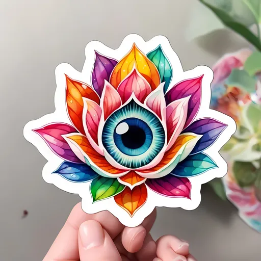 Prompt: STICKER, SOLID background, SHARP FOCUS of A Detailed watercolor cute of lotus third eye , is SOLID BACKGROUND< white background, Floral Splash, Rainbow Colors, Redbubble Sticker,Splash In Vibrant Colors, 3D Vector Art, Cute And Quirky, Adobe Illustrator, HandDrawn, Digital Painting, LowPoly, Soft Lighting, Bird'sEye View, Isometric Style, Retro Aesthetic, Focused On The Character, 4K Resolution,