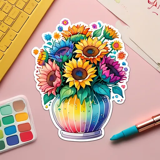 Prompt: STICKER, SOLID background, SHARP FOCUS of A Detailed watercolor of a kawaii vase of sunflowers, Floral Splash, Rainbow Colors, Redbubble Sticker,Splash In Vibrant Colors, 3D Vector Art, Cute And Quirky, Adobe Illustrator, HandDrawn, Digital Painting, LowPoly, Soft Lighting, Bird'sEye View, Isometric Style, Retro Aesthetic, Focused On The Character, 4K Resolution,