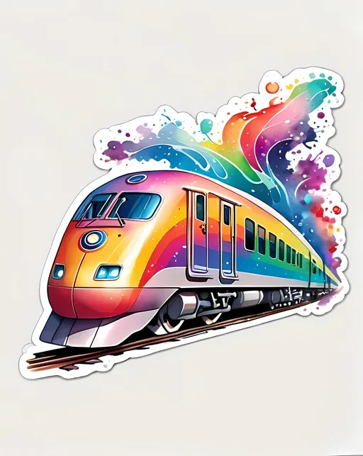 Prompt: STICKER, sticker design, SOLID background, SHARP FOCUS of A Detailed watercolor Dreamy Future train running  in cosmic space ,rainbow body,8k , masterpiece, SOLID BACKGROUND< white background, Floral Splash, Rainbow Colors, Redbubble Sticker,Splash In Vibrant Colors, 3D Vector Art, Cute And Quirky, Adobe Illustrator, HandDrawn, Digital Painting, LowPoly, Soft Lighting, Bird'sEye View, Isometric Style, Retro Aesthetic, Focused On The Character, 4K Resolution,