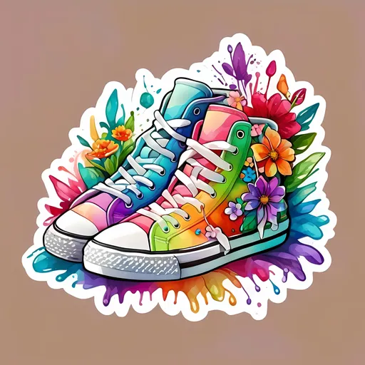 Prompt: STICKER, SOLID background, SHARP FOCUS of A Detailed watercolor of Dope floral high top sneakers, Floral Splash, Rainbow Colors, Redbubble Sticker,Splash In Vibrant Colors, 3D Vector Art, Cute And Quirky, Adobe Illustrator, HandDrawn, Digital Painting, LowPoly, Soft Lighting, Bird'sEye View, Isometric Style, Retro Aesthetic, Focused On The Character, 4K Resolution,