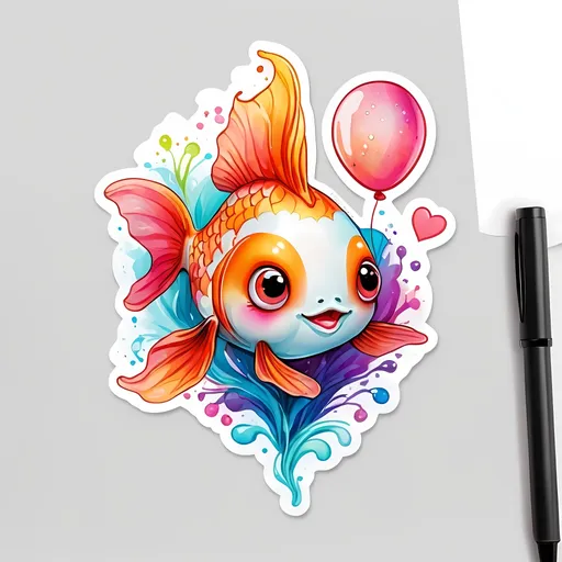 Prompt: STICKER, SOLID background, SHARP FOCUS of A Detailed kawaii A cute romantic goldfish with ballon heart watercolor style vector art, white background, Floral Splash, Rainbow Colors, Redbubble Sticker,Splash In Vibrant Colors, 3D Vector Art, Cute And Quirky, Adobe Illustrator, HandDrawn, Digital Painting, LowPoly, Soft Lighting, Bird'sEye View, Isometric Style, Retro Aesthetic, Focused On The Character, 4K Resolution,