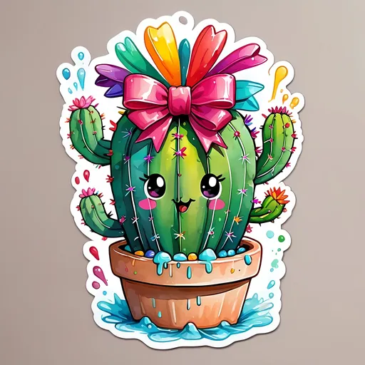 Prompt: STICKER, SOLID background, SHARP FOCUS of A Detailed watercolor of cute HAPPY CACTUS WITH A BOW ON HEAD, Floral Splash, Rainbow Colors, Redbubble Sticker,Splash In Vibrant Colors, 3D Vector Art, Cute And Quirky, Adobe Illustrator, HandDrawn, Digital Painting, LowPoly, Soft Lighting, Bird'sEye View, Isometric Style, Retro Aesthetic, Focused On The Character, 4K Resolution,