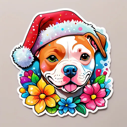 Prompt: STICKER, SOLID background, SHARP FOCUS of A Detailed kawaii watercolor of a Cute pitbull HEAD wearing a santa hat, Floral Splash, Rainbow Colors, Redbubble Sticker,Splash In Vibrant Colors, 3D Vector Art, Cute And Quirky, Adobe Illustrator, HandDrawn, Digital Painting, LowPoly, Soft Lighting, Bird'sEye View, Isometric Style, Retro Aesthetic, Focused On The Character, 4K Resolution,