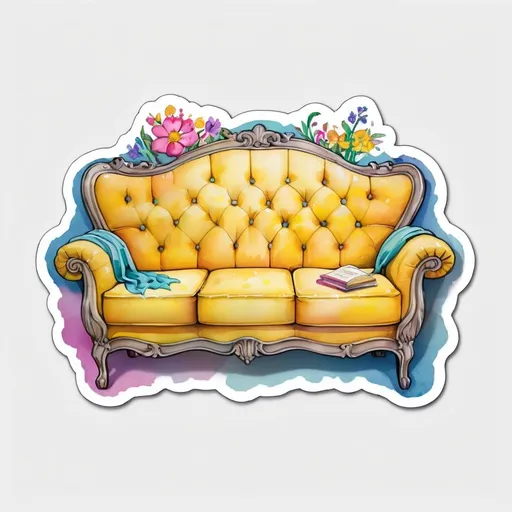 Prompt: STICKER, SOLID background, SHARP FOCUS of A Detailed watercolor of  vintage style yellow couch , next too the couch is a tall night lamp, SOLID BACKGROUND< white background, Floral Splash, Rainbow Colors, Redbubble Sticker,Splash In Vibrant Colors, 3D Vector Art, Cute And Quirky, Adobe Illustrator, HandDrawn, Digital Painting, LowPoly, Soft Lighting, Bird'sEye View, Isometric Style, Retro Aesthetic, Focused On The Character, 4K Resolution,