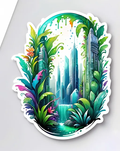 Prompt: STICKER, sticker design, SOLID background, white background, SHARP FOCUS of A Detailed watercolor, Fantasy art, (((jungle skyscrapers with lush green plants))) abstract minimalist acrylic aqua on a white background single brushstroke, oil paint drips infinite inception diffused splatter twisted lines grey blue grey white highlights tones, wallpaper of painting of a multicolored high resolution 8k, SOLID BACKGROUND< white background, Floral Splash, Rainbow Colors, Redbubble Sticker,Splash In Vibrant Colors, 3D Vector Art, Cute And Quirky, Adobe Illustrator, HandDrawn, Digital Painting, LowPoly, Soft Lighting, Bird'sEye View, Isometric Style, Retro Aesthetic, Focused On The Character, 4K Resolution, STICKER DESIGN SOLID WHITE BACKground 