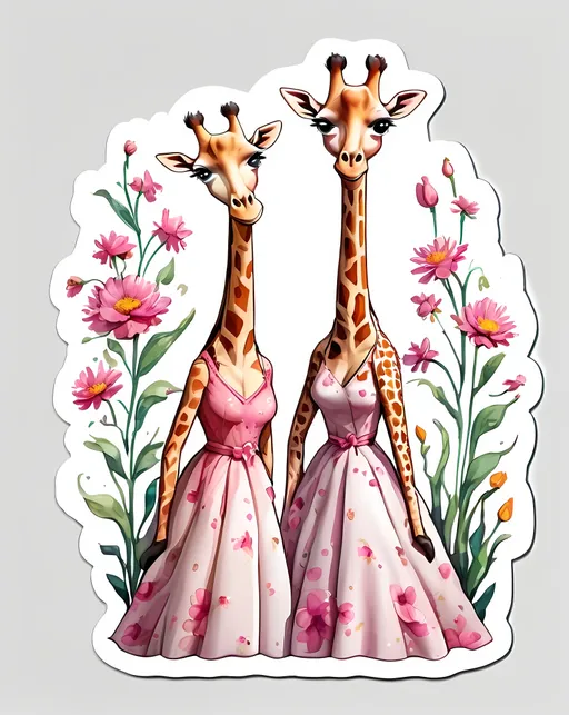 Prompt: STICKER, sticker design, SOLID background, WHITE BACKGROUND, SHARP FOCUS of A Detailed watercolor Tee shirt design A couple of giraffes standing next to each other, wearing pink floral gowns. 
Redbubble Sticker,Splash In Vibrant Colors, 3D Vector Art, Cute And Quirky, Adobe Illustrator, HandDrawn, Digital Painting, LowPoly, Soft Lighting, Bird'sEye View, Isometric Style, Retro Aesthetic, Focused On The Character, 4K Resolution,