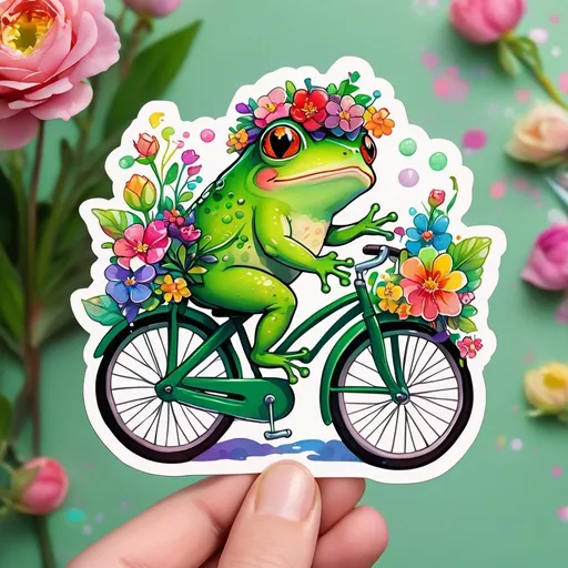 Prompt: STICKER, SOLID background, SHARP FOCUS of A Detailed kawaii watercolor of a Cute FROG RIDING  A GREEN VINTAGE BICYCLE, Floral Splash, Rainbow Colors, Redbubble Sticker,Splash In Vibrant Colors, 3D Vector Art, Cute And Quirky, Adobe Illustrator, HandDrawn, Digital Painting, LowPoly, Soft Lighting, Bird'sEye View, Isometric Style, Retro Aesthetic, Focused On The Character, 4K Resolution,