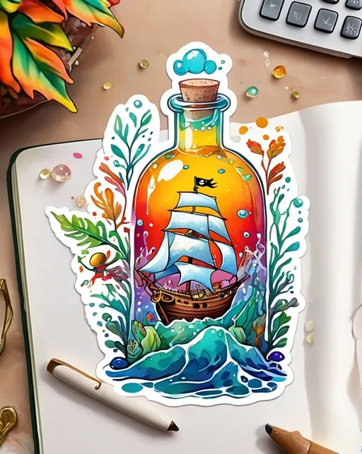 Prompt: STICKER, SOLID background, SHARP FOCUS of A Detailed watercolorIllustration, styled by hayao miyazaki, an ocean made of liquid gold, set in a glass bottle, a pirate sailing on a leaf, a talking fish, hand-drawn animation cells, whimsical and fantastical, child's-eye view, rich and detailed, vibrant and earthy tones, soft and defined lines, balanced yet dynamic, soft natural lighting

 SOLID BACKGROUND< white background, Floral Splash, Rainbow Colors, Redbubble Sticker,Splash In Vibrant Colors, 3D Vector Art, Cute And Quirky, Adobe Illustrator, HandDrawn, Digital Painting, LowPoly, Soft Lighting, Bird'sEye View, Isometric Style, Retro Aesthetic, Focused On The Character, 4K Resolution,